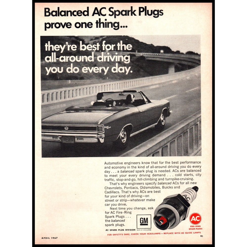 1967 AC Spark Plugs Chevy Chevelle SS 396 Convertible Vintage Print Ad Wall Art